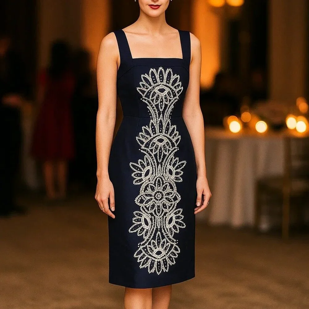 Tory Burch Navy‎ Lily Preppy Silk Quiet Luxury Fit & Flare Square Neck Dress 0